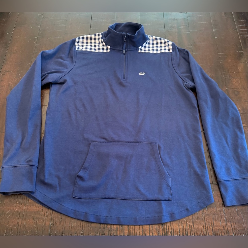 Vineyard Vines Navy Quarter-Zip Pullover with Gingham Shoulders - Women’s M